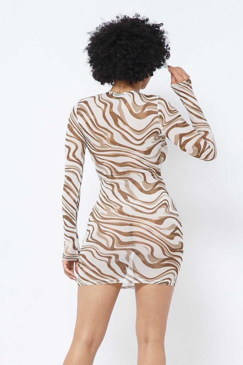 Mesh Abstract Print Mini Dress